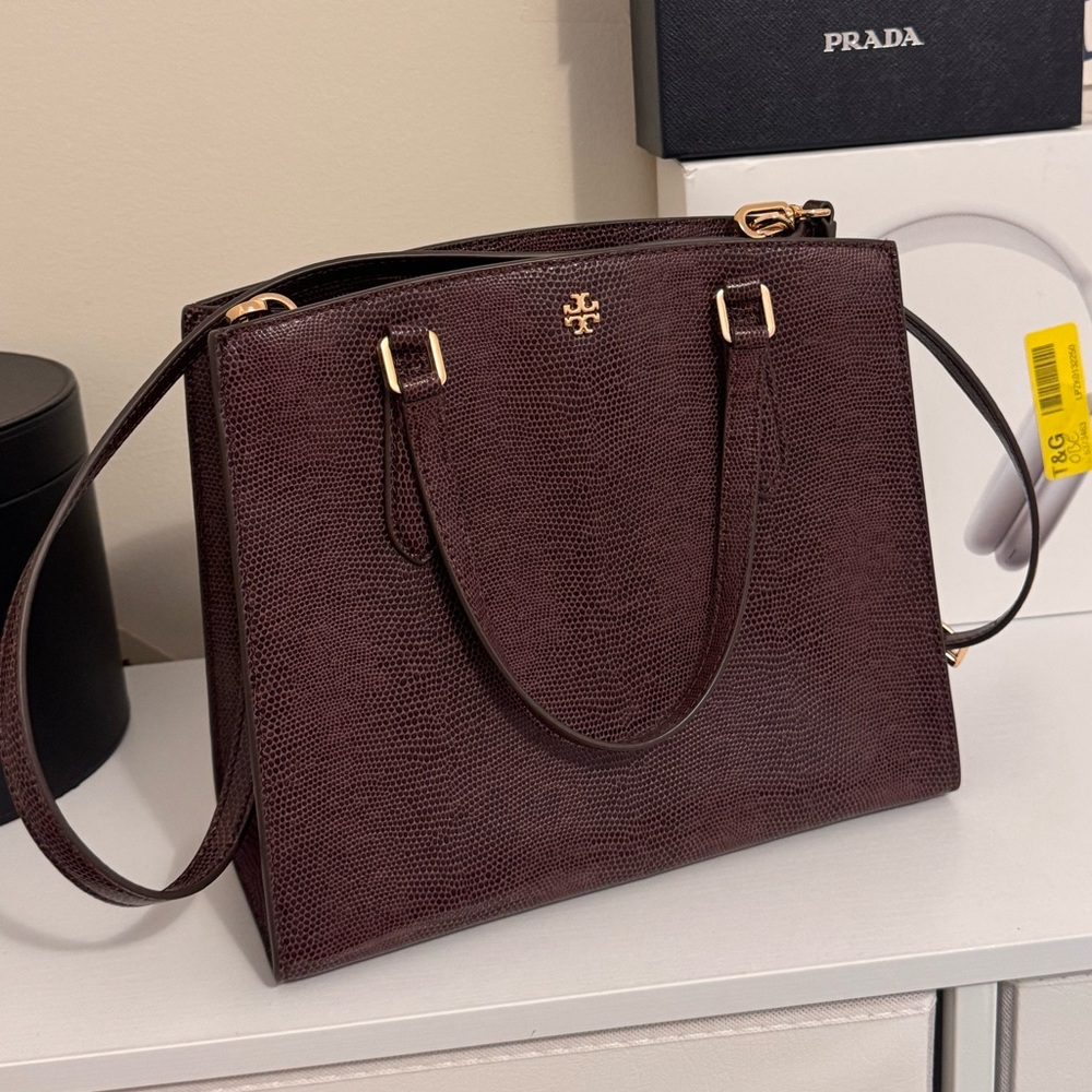 Tory Burch Emerson Embossed Lizard Structured Satchel In Nightshade